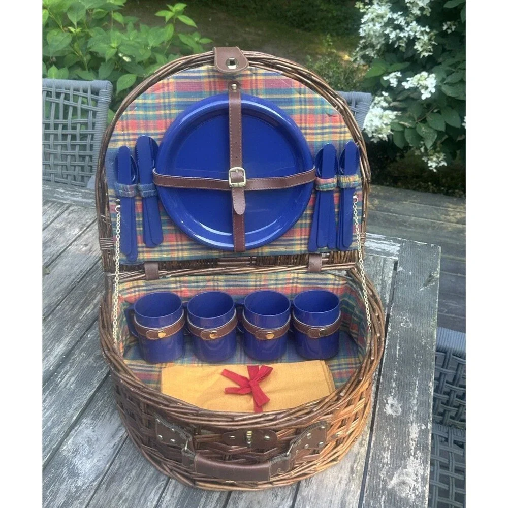 Vintage Brown Wicker Half Moon Picnic Basket Plaid Lined w Blue Dinnerware New